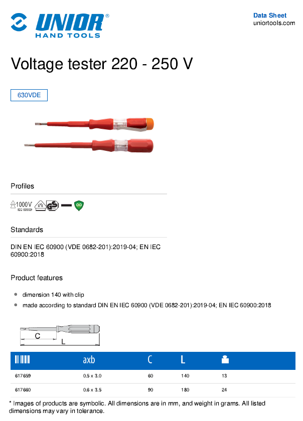 Unior(630VDE)0.5-3.0-140IEC Voltage Tester 220V-250V#617659